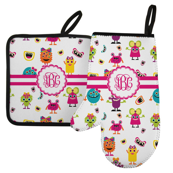 Custom Girly Monsters Left Oven Mitt & Pot Holder Set w/ Monogram
