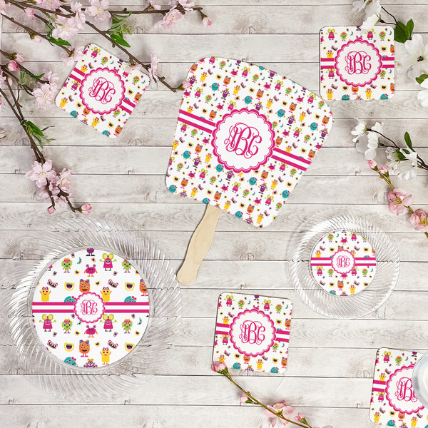 Girly Monsters Party Supplies Combination Image - All items - Plates, Coasters, Fans