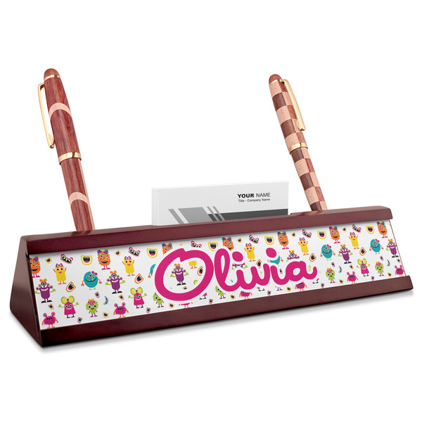 Custom Girly Monsters Red Mahogany Nameplate with Business Card Holder (Personalized)