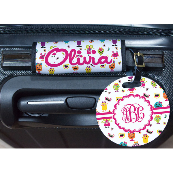 Girly Monsters Round Luggage Tag & Handle Wrap - In Context