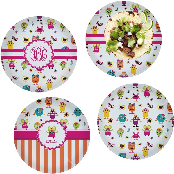 Custom Girly Monsters Set of 4 Glass Lunch / Dinner Plate 10" (Personalized)