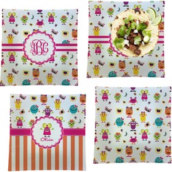 Girly Monsters Set of 4 Glass Square Lunch / Dinner Plate 9.5" (Personalized)