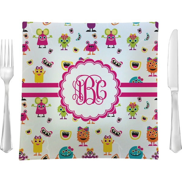Custom Girly Monsters 9.5" Glass Square Lunch / Dinner Plate- Single or Set of 4 (Personalized)