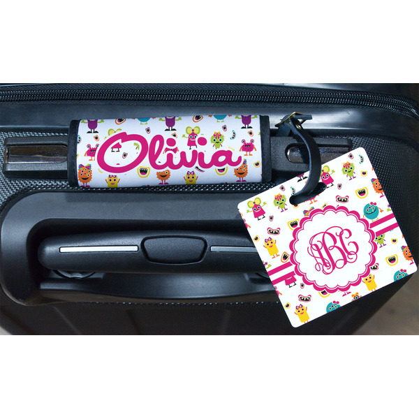 Girly Monsters Square Luggage Tag & Handle Wrap - In Context