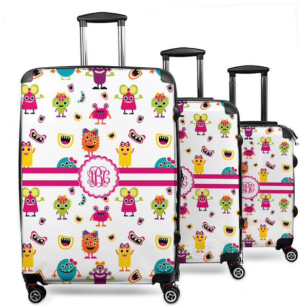 Custom Girly Monsters 3 Piece Luggage Set - 20" Carry On, 24" Medium Checked, 28" Large Checked (Personalized)