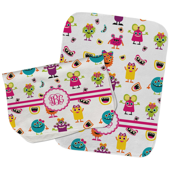 Girly Monsters Two Rectangle Burp Cloths - Open & Folded