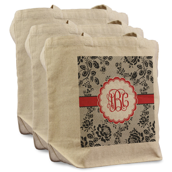 Black Lace 3 Reusable Cotton Grocery Bags - Front View