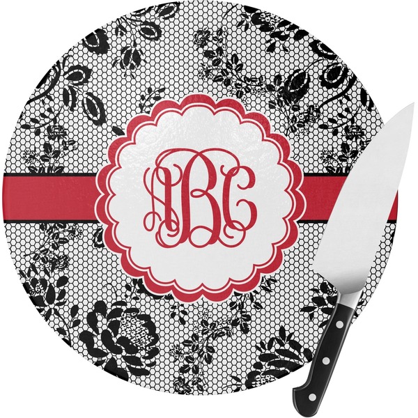 Custom Black Lace Round Glass Cutting Board - Small (Personalized)