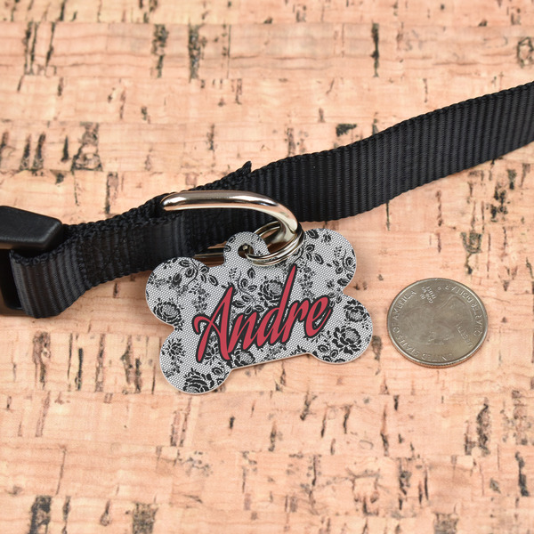 Black Lace Bone Shaped Dog ID Tag - Large - In Context