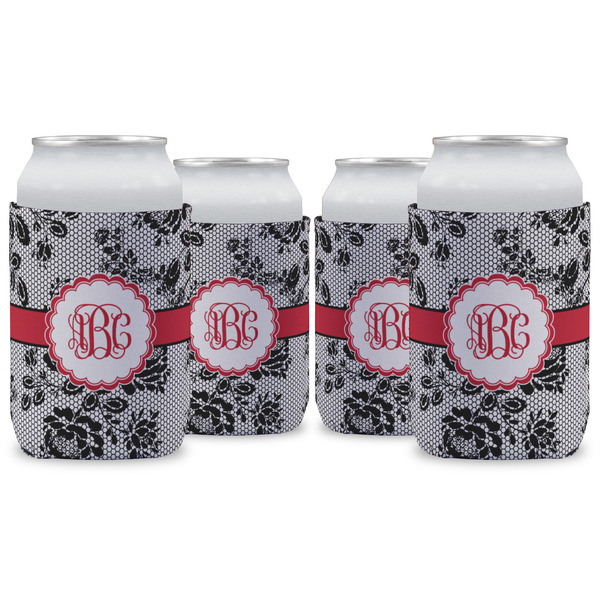 Custom Black Lace Can Cooler (12 oz) - Set of 4 w/ Monogram