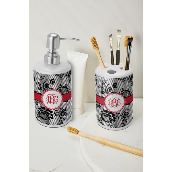 Black Lace Ceramic Bathroom Accessories - LIFESTYLE (toothbrush holder & soap dispenser)