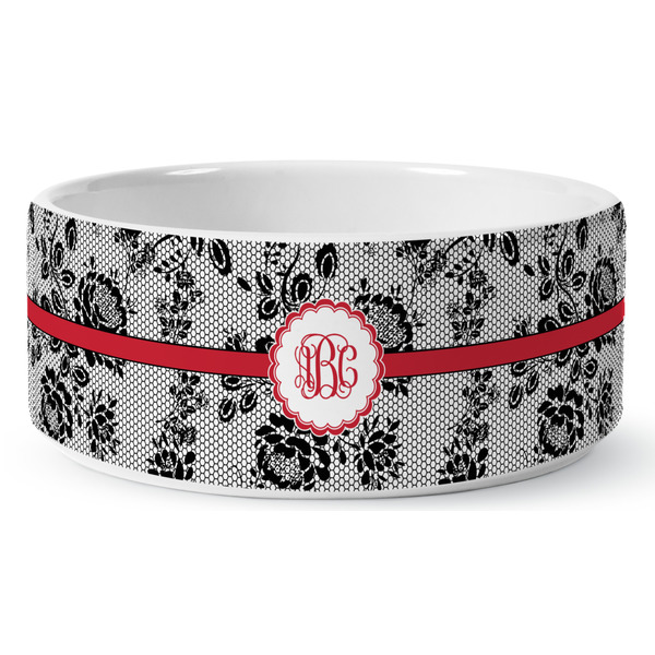 Black Lace Ceramic Dog Bowl - Medium - Front