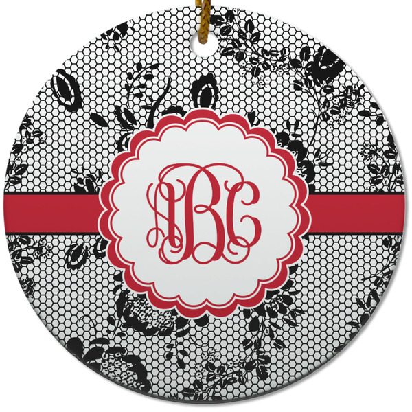 Custom Black Lace Round Ceramic Ornament w/ Monogram