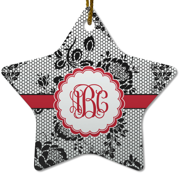 Custom Black Lace Star Ceramic Ornament w/ Monogram