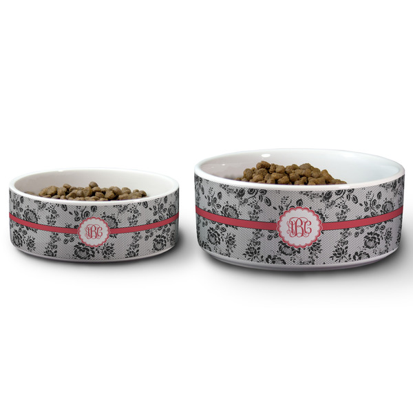 Black Lace Ceramic Dog Bowls - Size Comparison