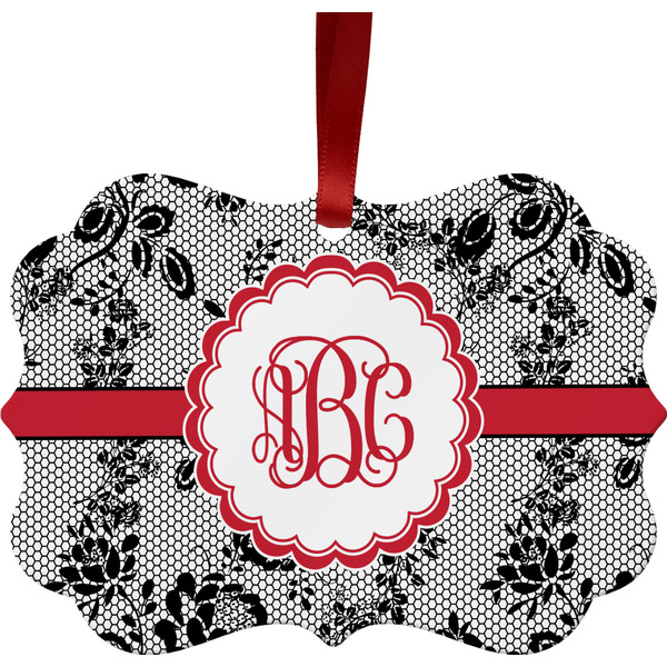 Custom Black Lace Metal Frame Ornament - Double Sided w/ Monogram