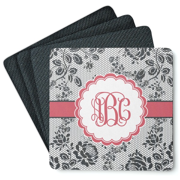 Custom Black Lace Square Rubber Backed Coasters - Set of 4 (Personalized)