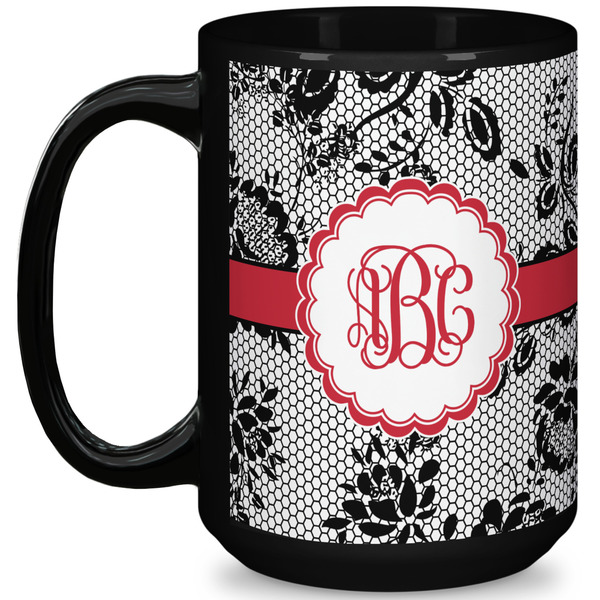Custom Black Lace 15 Oz Coffee Mug - Black (Personalized)