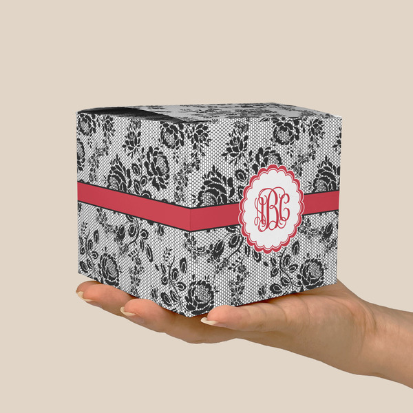 Black Lace Cube Favor Gift Box - On Hand - Scale View