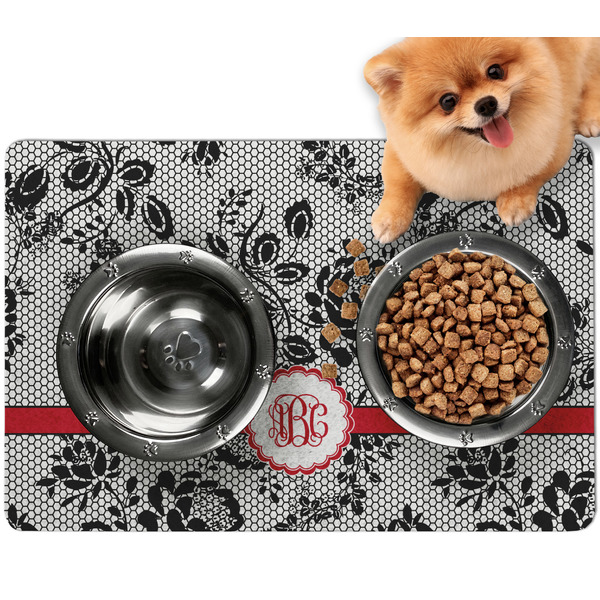 Custom Black Lace Dog Food Mat - Small w/ Monogram