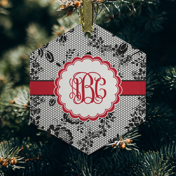 Black Lace Frosted Glass Ornament - Hexagon (Lifestyle)