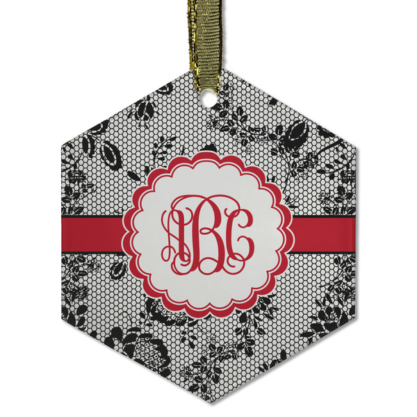 Custom Black Lace Flat Glass Ornament - Hexagon w/ Monogram