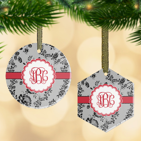 Custom Black Lace Flat Glass Ornament w/ Monogram