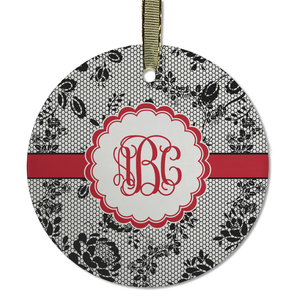 Custom Black Lace Flat Glass Ornament - Round w/ Monogram
