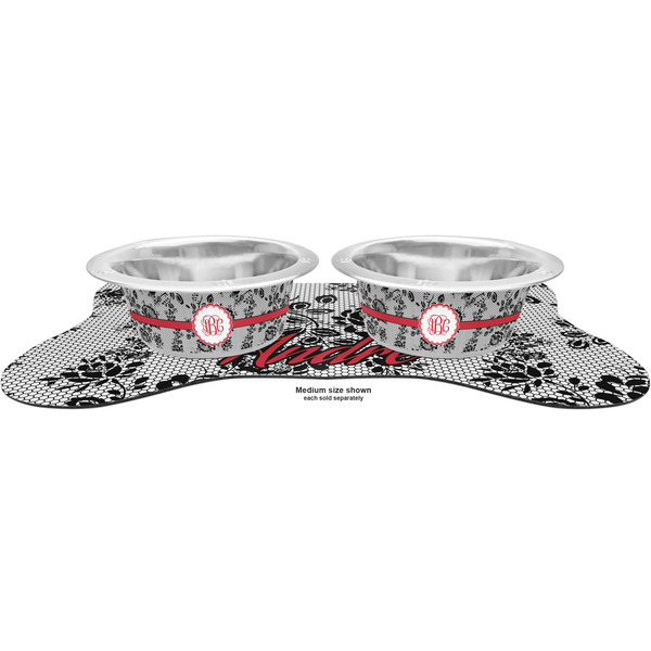 Black Lace Metal Pet Bowls - On Dog Bone Shaped Mat