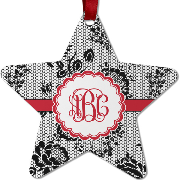 Custom Black Lace Metal Star Ornament - Double Sided w/ Monogram