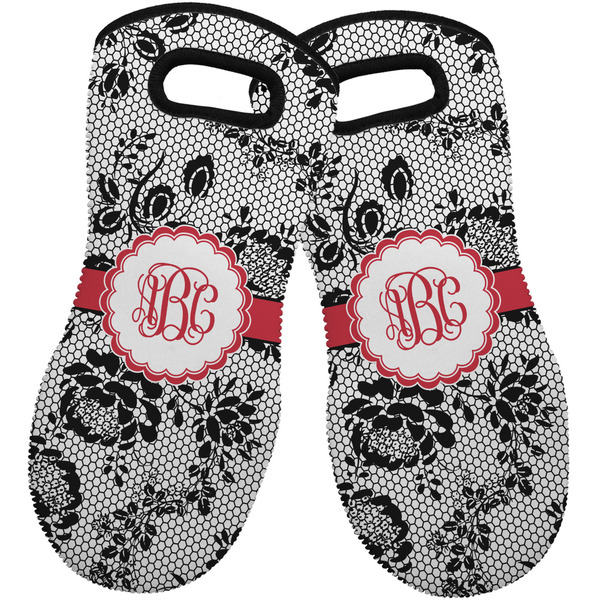 Custom Black Lace Neoprene Oven Mitts - Set of 2 w/ Monogram