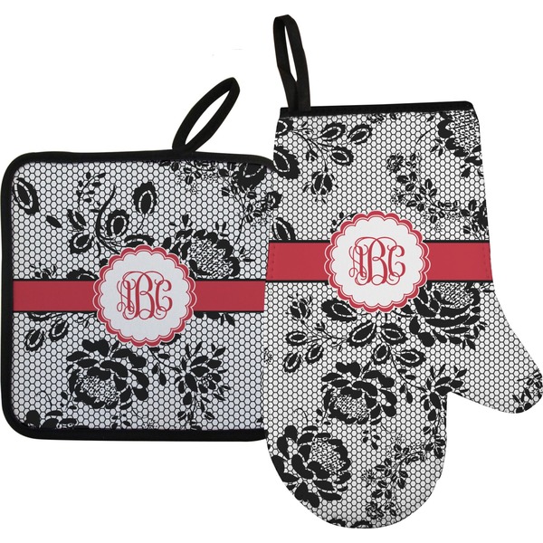 Custom Black Lace Right Oven Mitt & Pot Holder Set w/ Monogram