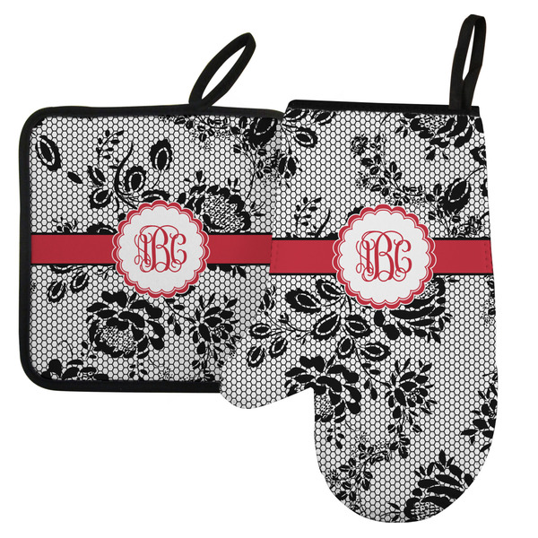 Custom Black Lace Left Oven Mitt & Pot Holder Set w/ Monogram