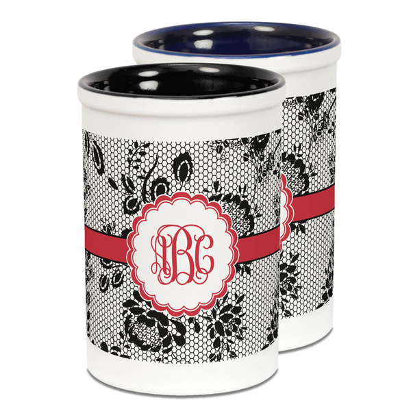 Custom Black Lace Ceramic Pencil Holder - Large