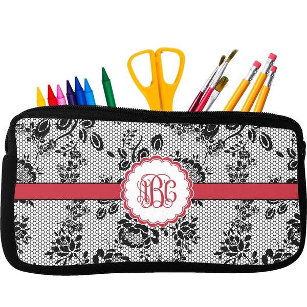 Custom Black Lace Neoprene Pencil Case - Small w/ Monogram