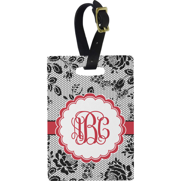 Custom Black Lace Plastic Luggage Tag - Rectangular w/ Monogram