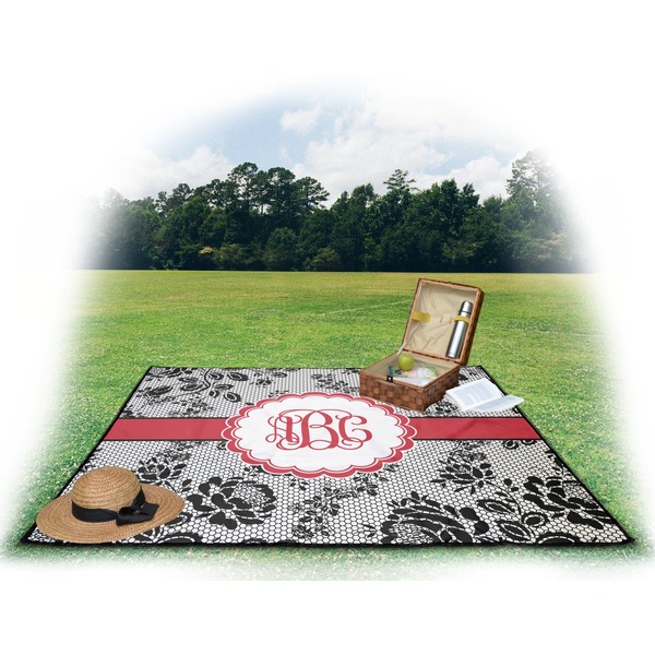 Black Lace Picnic Blanket - with Basket Hat and Book - in Use