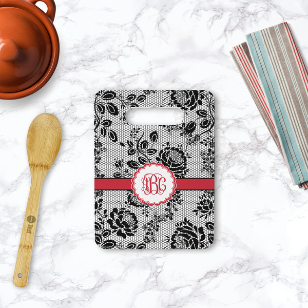 Black Lace Rectangle Trivet with Handle - LIFESTYLE