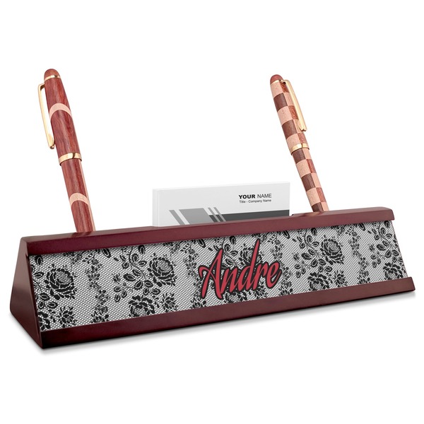 Custom Black Lace Red Mahogany Nameplate with Business Card Holder (Personalized)