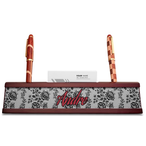 Black Lace Red Mahogany Nameplates with Business Card Holder - Straight