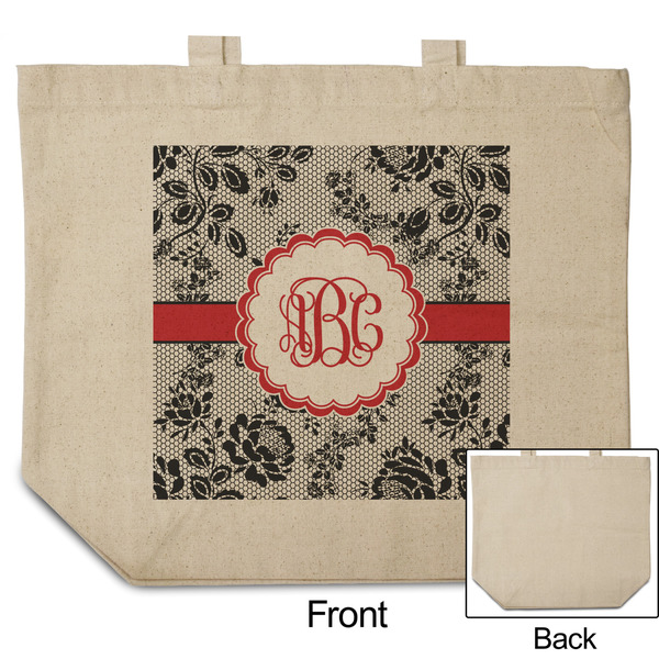 Black Lace Reusable Cotton Grocery Bag - Front & Back View