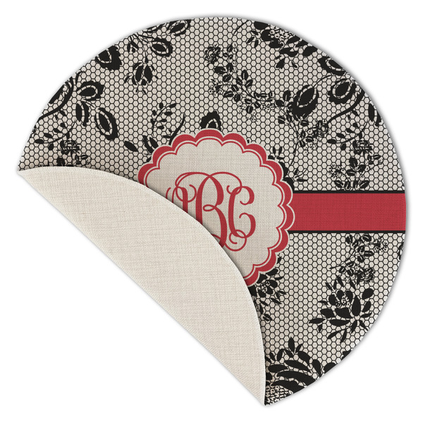 Black Lace Round Linen Placemats - Front (folded corner single sided)