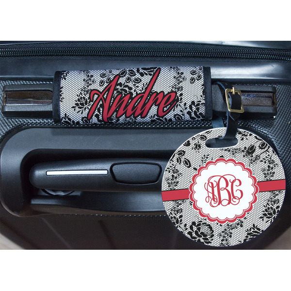 Black Lace Round Luggage Tag & Handle Wrap - In Context