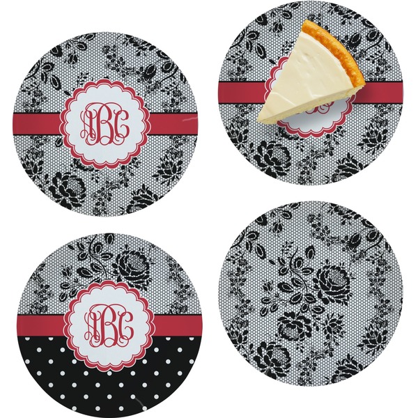Custom Black Lace Set of 4 Glass Appetizer / Dessert Plate 8" (Personalized)