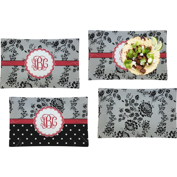 Custom Black Lace Set of 4 Glass Rectangular Lunch / Dinner Plate (Personalized)