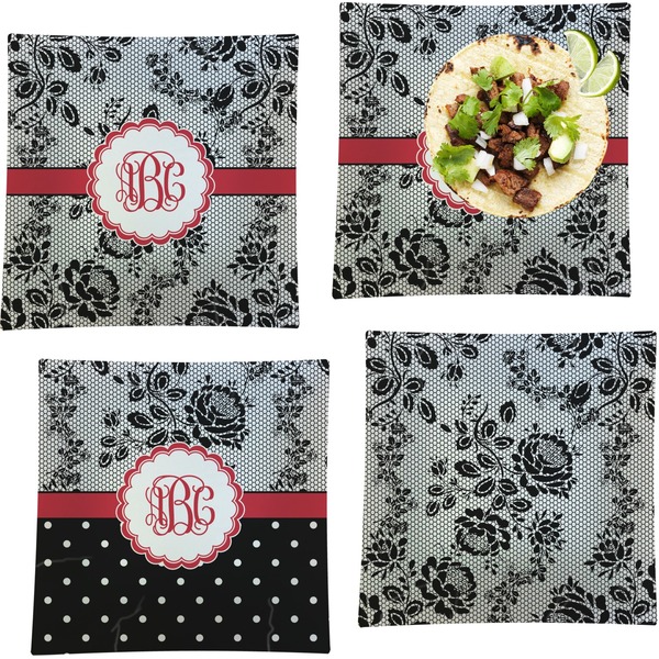 Custom Black Lace Set of 4 Glass Square Lunch / Dinner Plate 9.5" (Personalized)