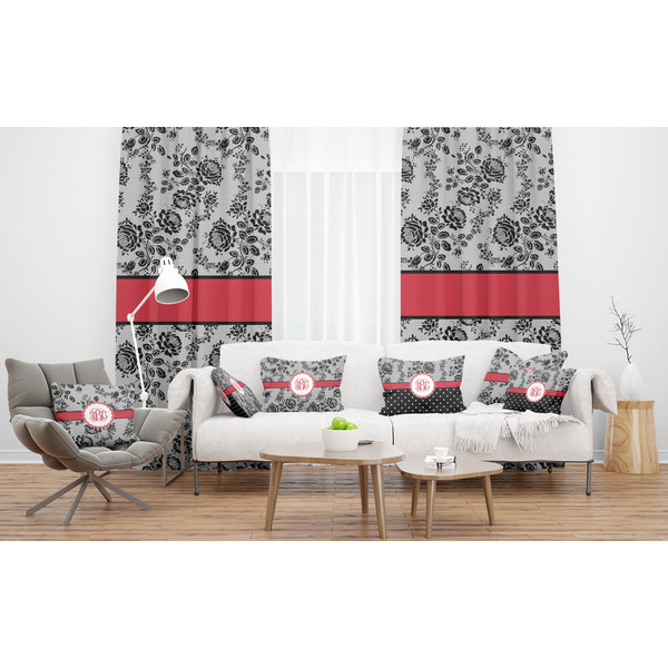 Black Lace Sheer and Custom Curtains in Room with Matching Pillows