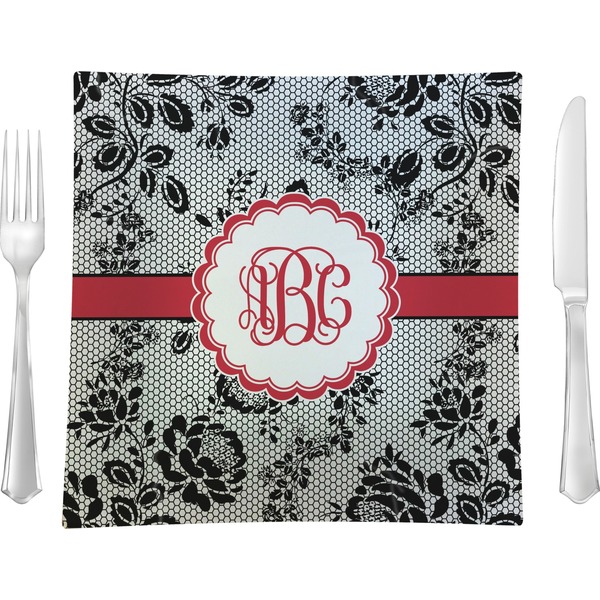 Custom Black Lace 9.5" Glass Square Lunch / Dinner Plate- Single or Set of 4 (Personalized)