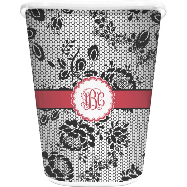 Custom Black Lace Waste Basket - Single Sided (White) (Personalized)