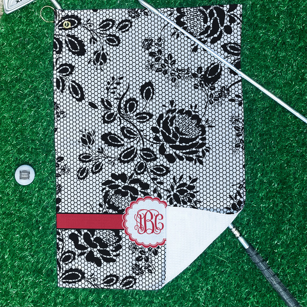 Black Lace Waffle Weave Golf Towel - In Context